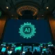 NYSE trading floor with screens showing stock data and AI-themed graphics