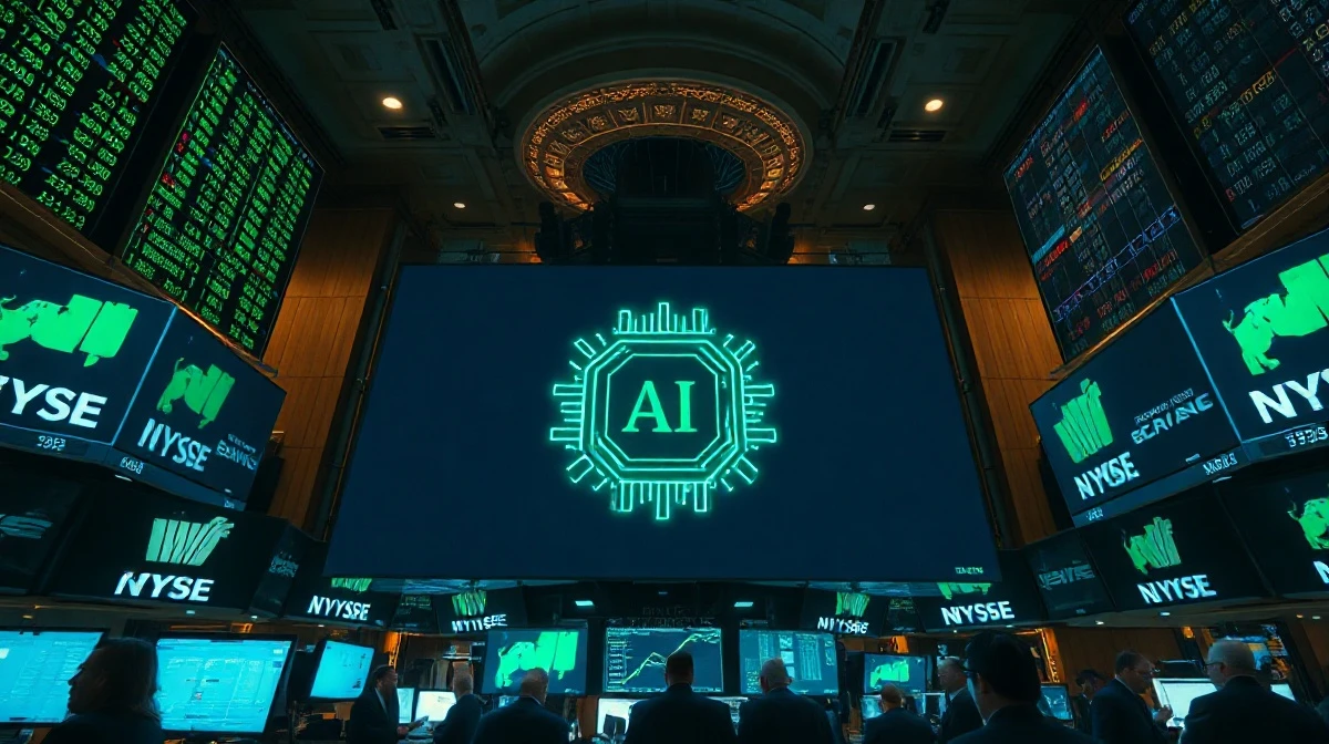 NYSE trading floor with screens showing stock data and AI-themed graphics