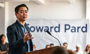 Andrew Yang speaking at a Forward Party community event, gesturing while addressing an audience.