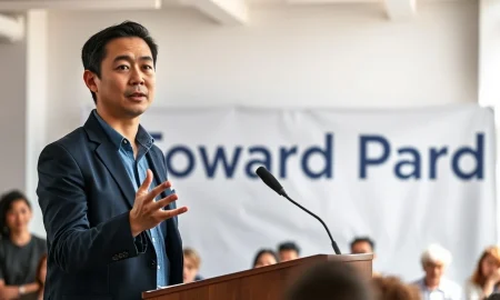 Andrew Yang speaking at a Forward Party community event, gesturing while addressing an audience.