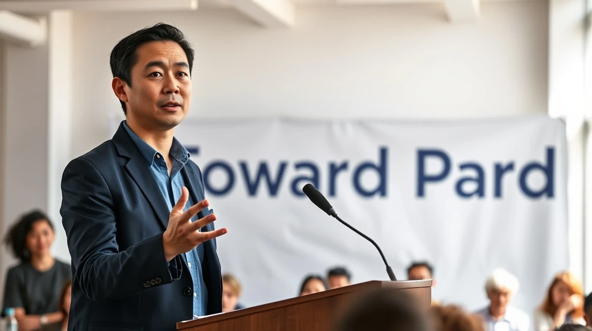 Andrew Yang speaking at a Forward Party community event, gesturing while addressing an audience.