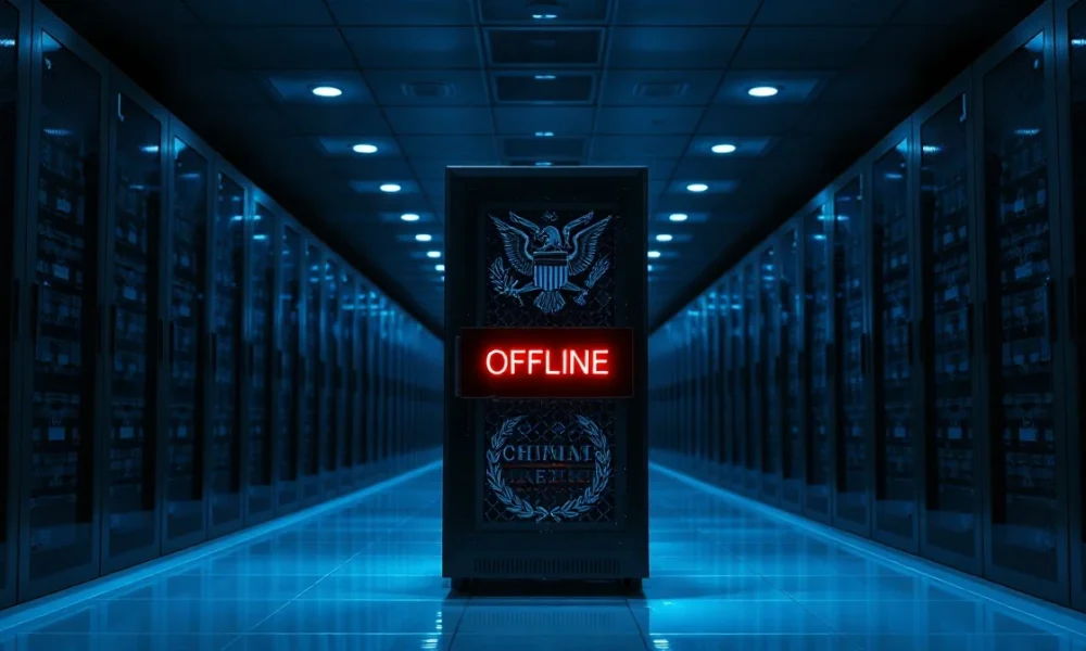 Data center server rack with red offline indicator light reflecting government seal