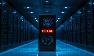 Data center server rack with red offline indicator light reflecting government seal