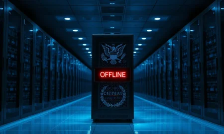 Data center server rack with red offline indicator light reflecting government seal