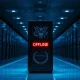 Data center server rack with red offline indicator light reflecting government seal