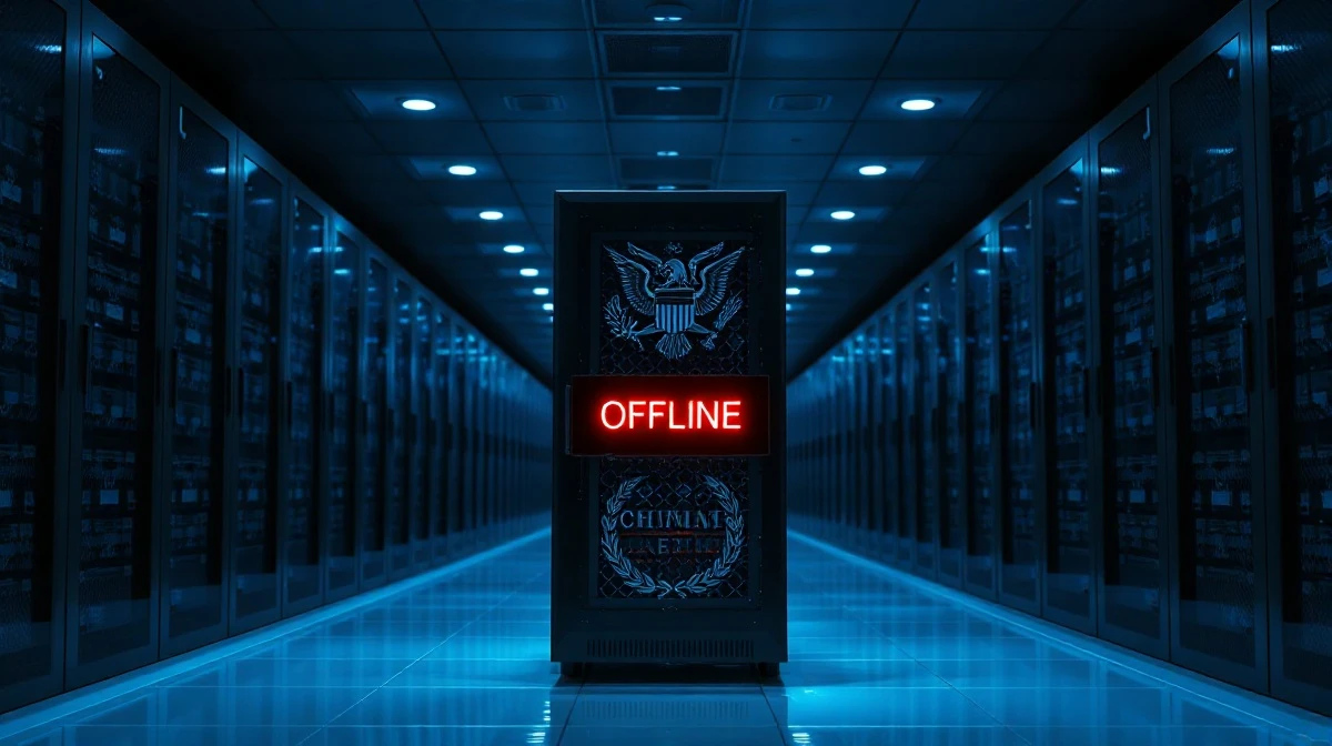 Data center server rack with red offline indicator light reflecting government seal