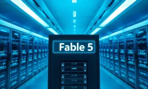 Data center with server racks and a glowing Fable 5 holographic label