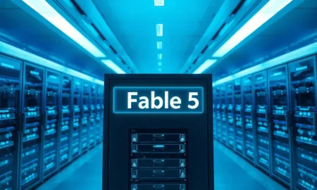 Data center with server racks and a glowing Fable 5 holographic label