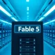 Data center with server racks and a glowing Fable 5 holographic label