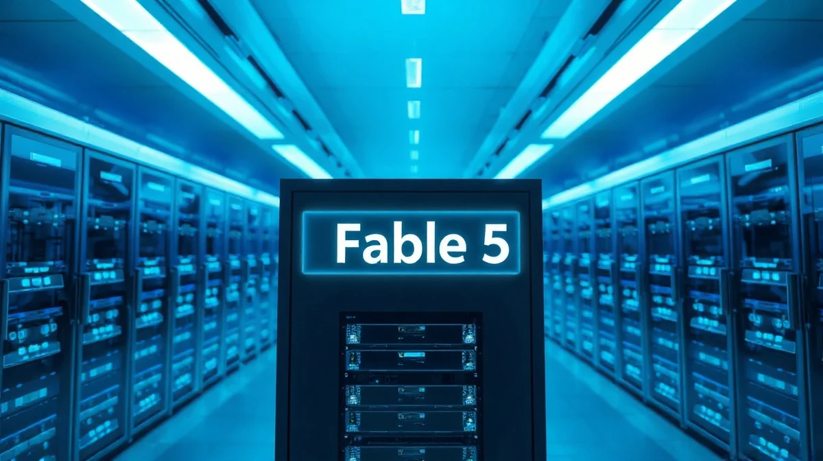 Data center with server racks and a glowing Fable 5 holographic label