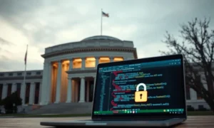 US Department of Commerce building with a laptop showing AI code and a security lock, representing the government's export control order against Anthropic.