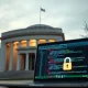 US Department of Commerce building with a laptop showing AI code and a security lock, representing the government's export control order against Anthropic.