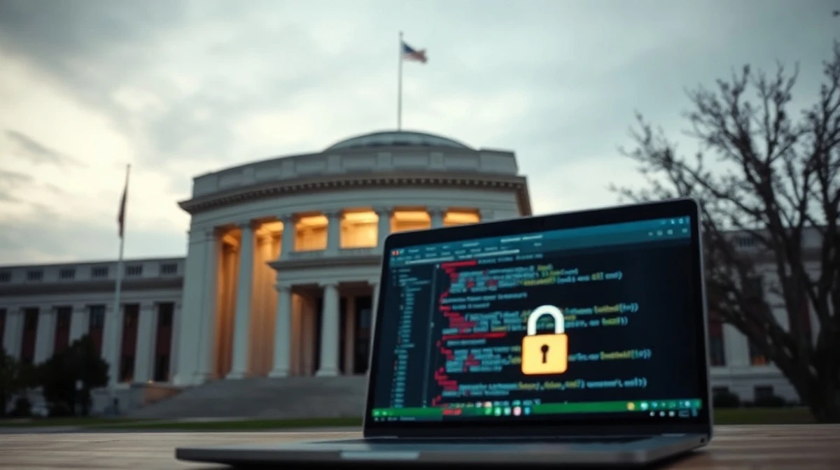 US Department of Commerce building with a laptop showing AI code and a security lock, representing the government's export control order against Anthropic.