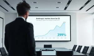 Business executive viewing a graph showing Anthropic market share surpassing OpenAI in a modern boardroom
