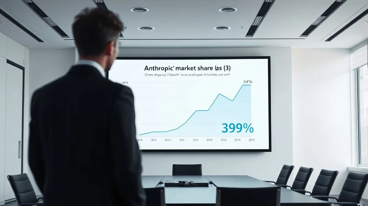 Business executive viewing a graph showing Anthropic market share surpassing OpenAI in a modern boardroom