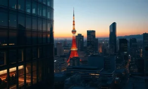 Tokyo skyline at dusk, representing Japan's financial market and potential acquisition target.
