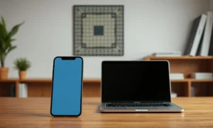 iPhone 17 Pro and MacBook Pro on a desk with a blurred microchip pattern in the background