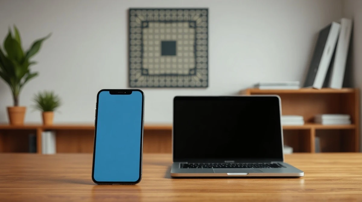 iPhone 17 Pro and MacBook Pro on a desk with a blurred microchip pattern in the background