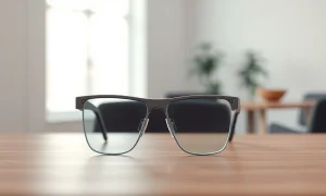 A smart glasses prototype on a desk in a modern office, representing Apple's upcoming AI-powered wearable and the hardware team now led by Paul Meade.