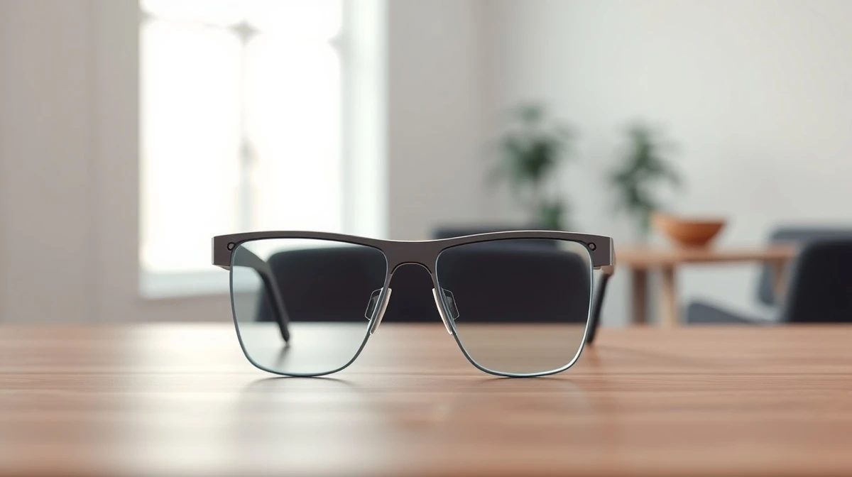 A smart glasses prototype on a desk in a modern office, representing Apple's upcoming AI-powered wearable and the hardware team now led by Paul Meade.