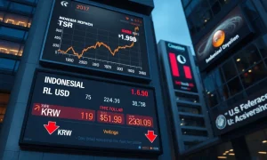 Currency exchange board in an Asian financial district showing KRW and IDR weakening against the USD.