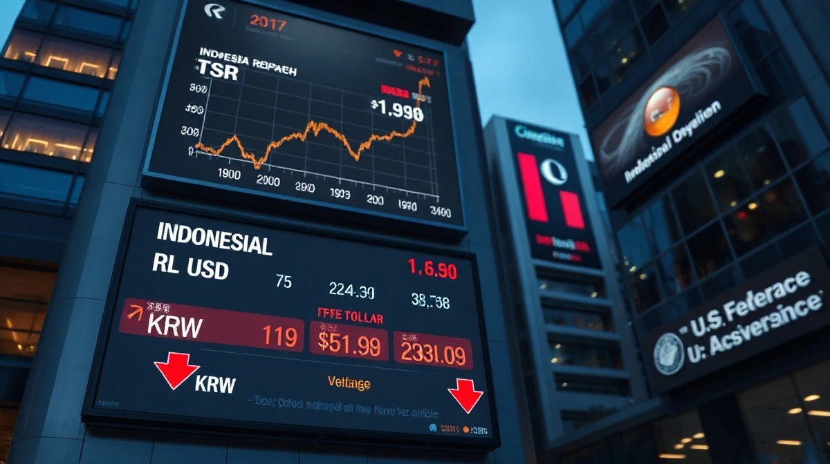 Currency exchange board in an Asian financial district showing KRW and IDR weakening against the USD.