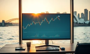 Forex trading monitor showing AUD/USD candlestick chart in Sydney office with harbour view