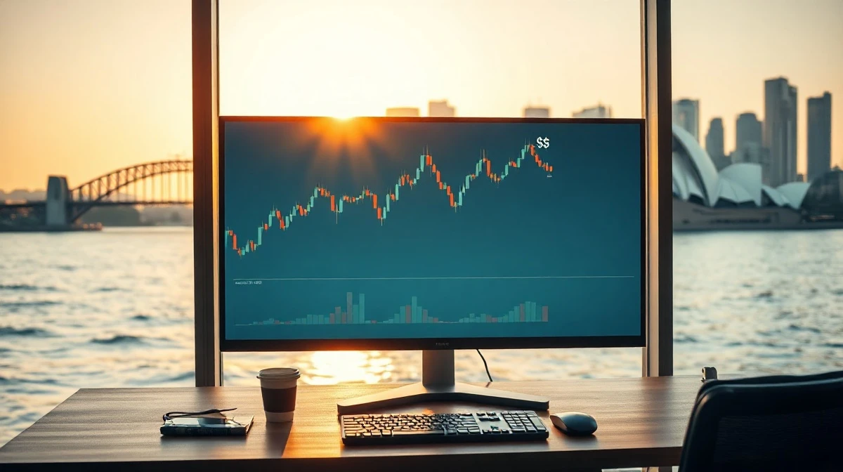 Forex trading monitor showing AUD/USD candlestick chart in Sydney office with harbour view