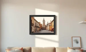 Aura Ink e-ink photo frame mounted on a wall displaying a travel photo