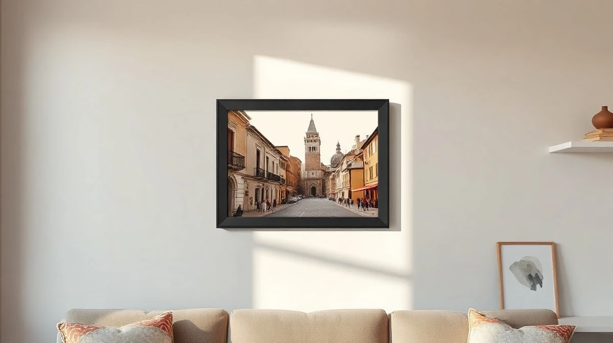 Aura Ink e-ink photo frame mounted on a wall displaying a travel photo