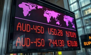 AUD/USD exchange rate board showing decline in financial district
