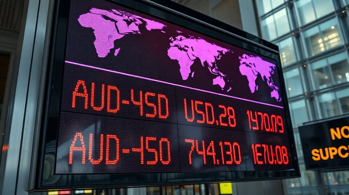 AUD/USD exchange rate board showing decline in financial district
