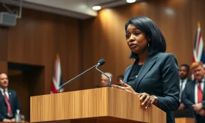 Kemi Badenoch speaking at a podium in a City of London conference hall