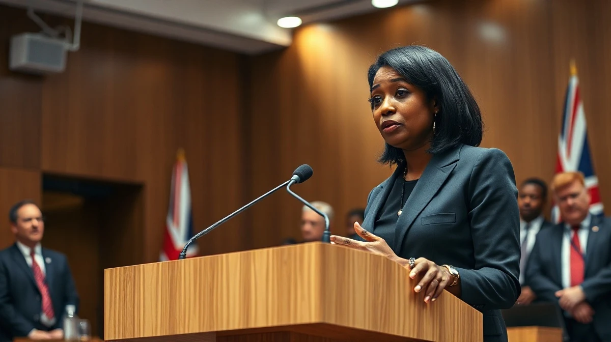 Kemi Badenoch speaking at a podium in a City of London conference hall