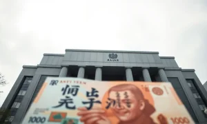 Bank of Japan headquarters in Tokyo with Japanese yen banknote in foreground