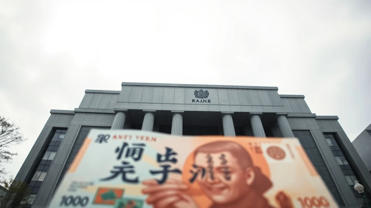 Bank of Japan headquarters in Tokyo with Japanese yen banknote in foreground