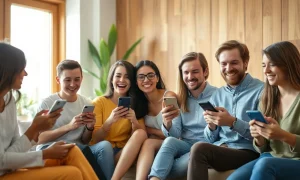Group of young adults laughing together while using smartphones in a sunlit modern living room