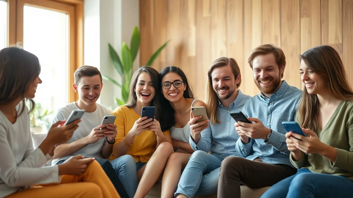 Group of young adults laughing together while using smartphones in a sunlit modern living room