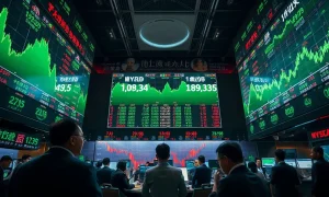 Stock exchange trading floor in Shanghai with green stock charts on digital screens