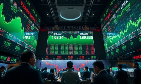 Stock exchange trading floor in Shanghai with green stock charts on digital screens