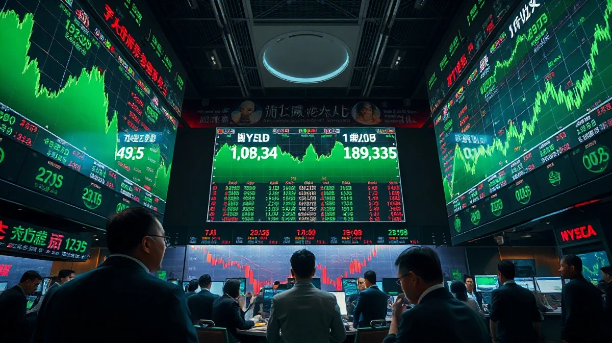 Stock exchange trading floor in Shanghai with green stock charts on digital screens