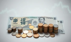 Taiwan dollar banknotes and coins on a surface, representing forex market analysis.