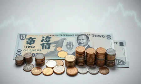 Taiwan dollar banknotes and coins on a surface, representing forex market analysis.