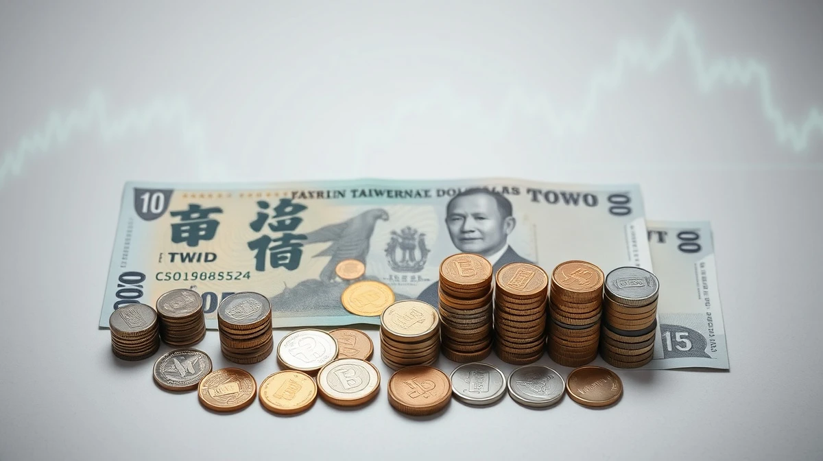 Taiwan dollar banknotes and coins on a surface, representing forex market analysis.