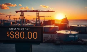Brent crude oil price ticker showing $80 at sunset with storage tanks in background