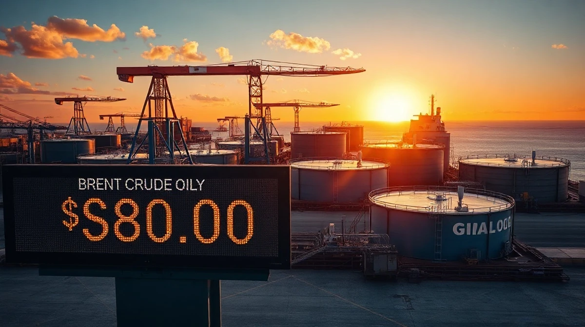 Brent crude oil price ticker showing $80 at sunset with storage tanks in background