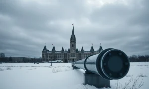 Canadian Parliament buildings on a grey winter day with a pipeline in the foreground