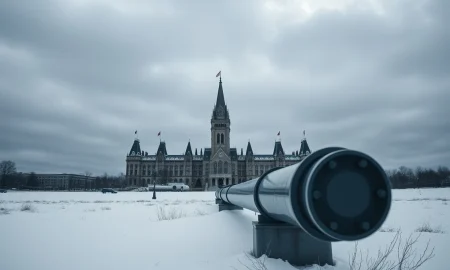 Canadian Parliament buildings on a grey winter day with a pipeline in the foreground