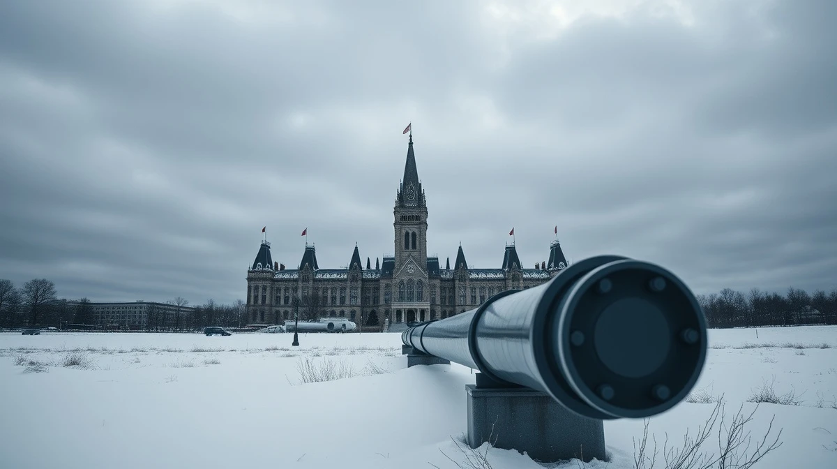 Canadian Parliament buildings on a grey winter day with a pipeline in the foreground