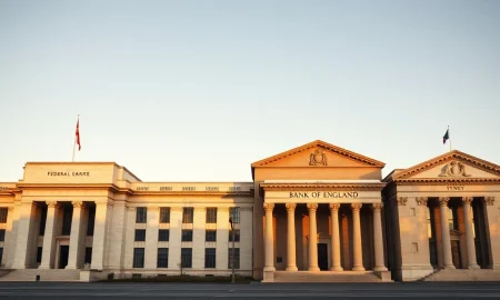 Four central bank headquarters: Federal Reserve, Bank of Japan, Bank of England, and Reserve Bank of Australia